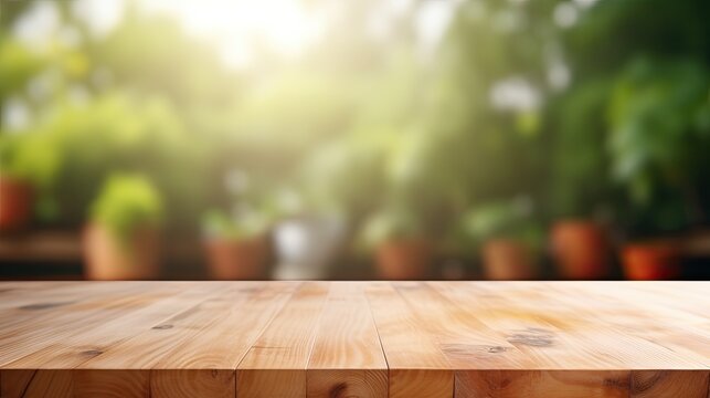Empty wooden table and blurred kitchen background.