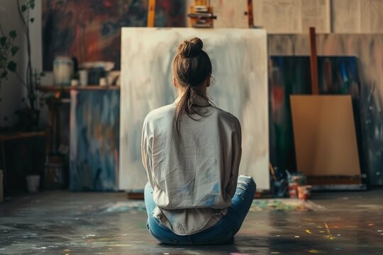 Back view of talented concentrated Caucasian woman professional artist sitting on floor in studio in evening painting drawing on big canvas, creativity work, contemporary creative painter