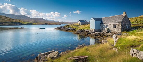 Fototapeta premium Tranquil living: a charming small house nestled on a picturesque island in the midst of a serene lake