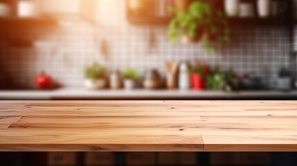 Empty wooden table and blurred kitchen background.