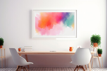 An HD-captured view of an office space, highlighting a clean, empty white frame, minimalistic style, mockup elements, and a vibrant burst of colors.