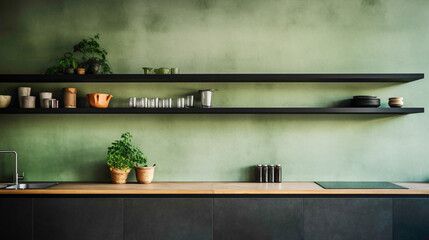 A minimalist kitchen with open shelves, concrete countertops, and a vibrant green tiled backsplash.
