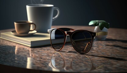 Sunglasses on a coffee table. Generative AI