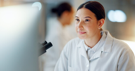 Computer, woman or scientist reading in laboratory for chemistry research report or scientific...
