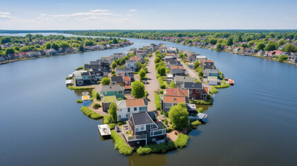 Houses on lake village. River island with countryside