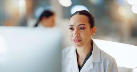 Doctor, woman and smile with data analysis in laboratory for biochemistry, science or research....