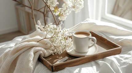 Obraz na płótnie Canvas Coffee in bed, romantic morning. Flowers, an open book and a cup of coffee on a wooden tray. Home cozy interior, lifestyle