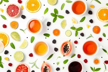 Creative layout made of cup of tea, green tea, black tea, fruit and herbal, tea on white background. Flat lay.