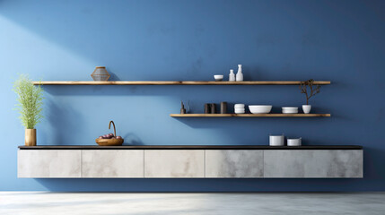 Fototapeta na wymiar A minimalist kitchen with open shelves, concrete countertops, and a bold blue accent wall.