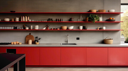 A minimalist kitchen with open shelves, concrete countertops, and a bold red accent wall.
