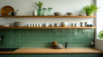 Fototapeta na wymiar A minimalist kitchen with open shelves, concrete countertops, and a vibrant green tiled backsplash.