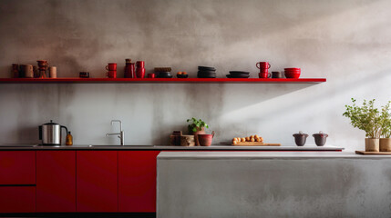 A minimalist kitchen with open shelves, concrete countertops, and a bold red accent wall.