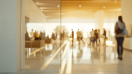 Business office with blurred people casual wear with blurred bokeh background, people walking in the corridor - obrazy, fototapety, plakaty