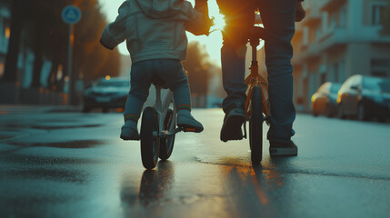 Sunset Scooter Ride with Parent, parent guides a child riding a scooter on a city street at sunset, depicting a moment of learning and bonding - obrazy, fototapety, plakaty