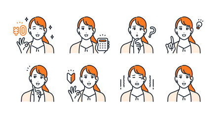 若いビジネスウーマンの表情アイコンイラストセット素材