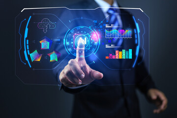 Businessman touch on virtual dash board ai interface screen to command for data summary from cloud...