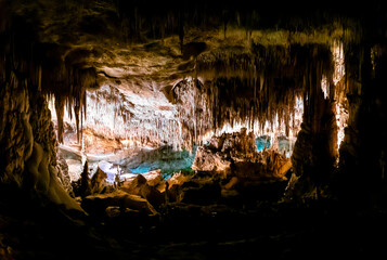 panorama view of the rock formations inside the Cuevas del Drach in eastern Mallorca