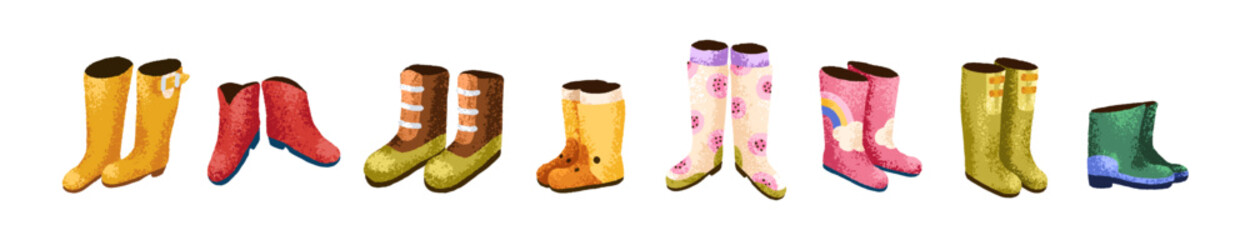 Wellies, modern rubber gum boots set. Fashion waterproof gumboots, rain water protection footwear in trendy style. Foot wear for rainy weather. Flat vector illustrations isolated on white background - 735718772