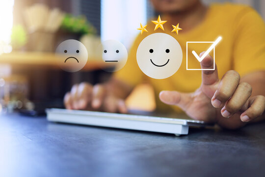 customer give feedback by tick correct check mark on smile face icon represent to good and satisfy for service and products