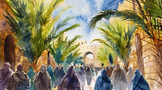 Jesus entering in Jerusalem. Palm Sunday. New Testament. Watercolor Biblical Illustration
