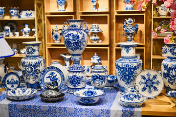 Collection of painted items in the Gzhel porcelain museum