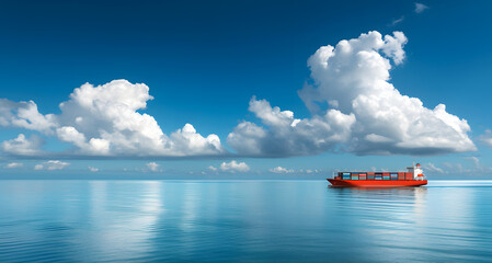 Container Ship on Clear Blue Ocean Under Clouds, Bright red container ship isolated on the calm blue ocean under a sky with fluffy white clouds. AI