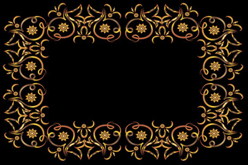 Beautiful frame. Pattern. Flowers, leaves, curls. Gold illustration on a black background with space for an inscription. Printing on fabric. Postcard with space for an inscription. 