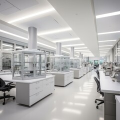 A laboratory with white walls and desks. Generative AI.