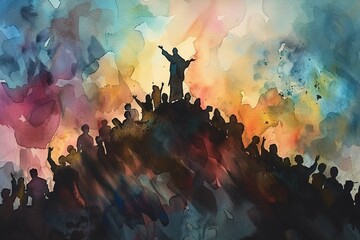 Ministry of Jesus. Silhouette of Jesus standing on top of a mountain and preaching to the crowd. Watercolor painting. - obrazy, fototapety, plakaty
