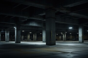 An empty parking garage with concrete pillars and lights. Generative AI.