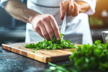 Professional Chef Finely Chopping Fresh Green Parsley on a Wooden Cutting Board. Culinary Arts and...