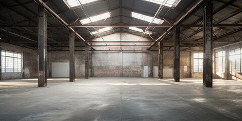 An empty warehouse with large windows and a large open space. Generative AI.