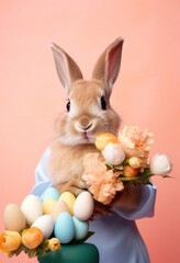 Obraz premium Brown bunny baby rabbit with flower and Easter eggs on sof orange background. Peach color background.