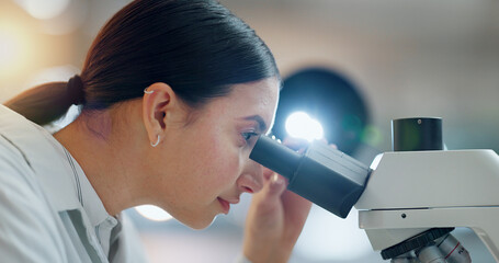 Particles, microscope or woman scientist in laboratory for research, medical analysis or test...