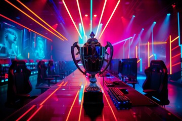 The sports winner trophy standing on the stage in the middle of the arena of the computer video game