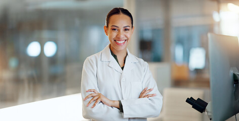 Lab woman, arms crossed and scientist smile for job experience, medical research or pharma...