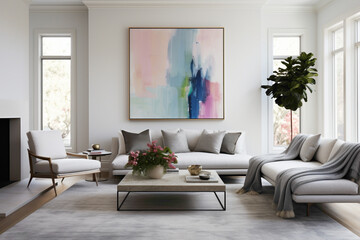 A minimalist living room bathed in natural light, featuring a simple grey palette highlighted by a statement piece of art and colorful throw pillows