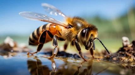 Deurstickers A yellow honey bee collects spring nectar Insects in the wild close up. © Atlantist studio
