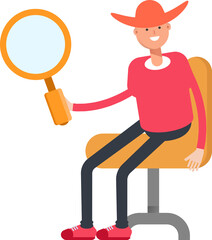 Country Man Character Sitting and Holding Magnifier
