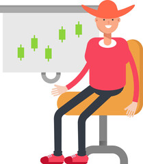 Country Man Character Presenting Candlestick Chart
