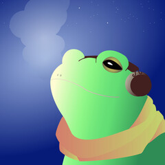 寒い夜に音楽を聴くカエルのイラスト