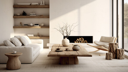 Fototapeta na wymiar A minimalist living room with a Scandinavian touch, featuring a mix of organic materials and sleek furniture for a clean and modern design