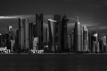 Panorama of modern skyscrapers in Doha, Qatar monochrome doha skyline photography.