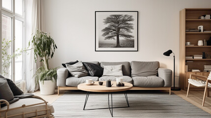 A minimalist living room with a Scandinavian touch, featuring a mix of light and dark tones for a balanced and elegant design