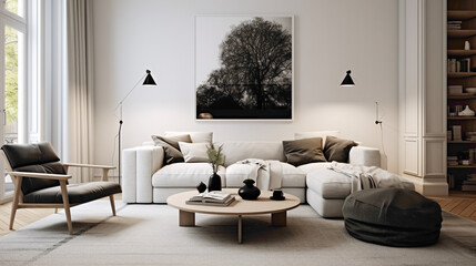 A minimalist living room with a Scandinavian touch, featuring a mix of light and dark tones, creating a sophisticated and timeless design
