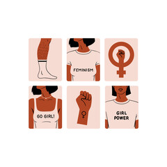 A set of stickers dedicated to feminism. Stylish and vector illustrations for International Women's Day. Black, African-American, and Latino-American girls for 