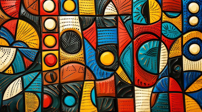 colorful wood carved background, African folklore pattern, hand painted. Generative Ai.
