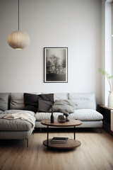 A minimalist living room with a Scandinavian twist, featuring a balance of light and dark tones and a focus on functional decor.