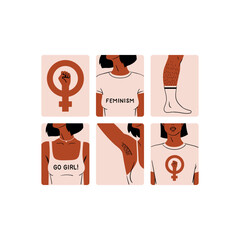 Badges for women's rights and equality. A set of stickers dedicated to feminism. Stylish and vector illustrations for International Women's Day. Black, African-American, and Latino-American girls for 