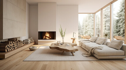 A minimalist living room with a Scandinavian touch, featuring a mix of organic materials and sleek furniture for a clean and modern design
